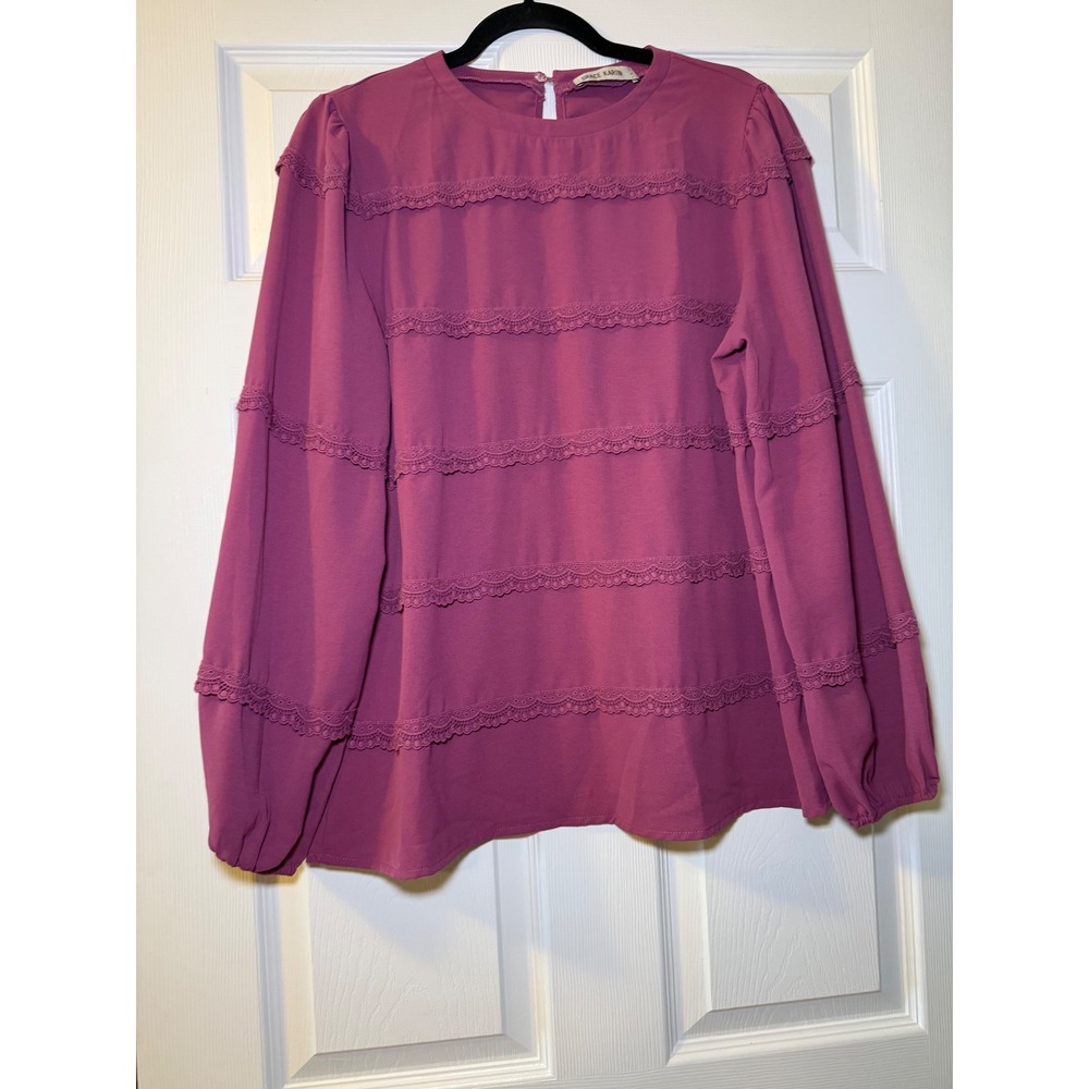 Grace Karin Blouse Womens L Pink Crochet Lace Trim Long Sleeve Keyhole Top Boho